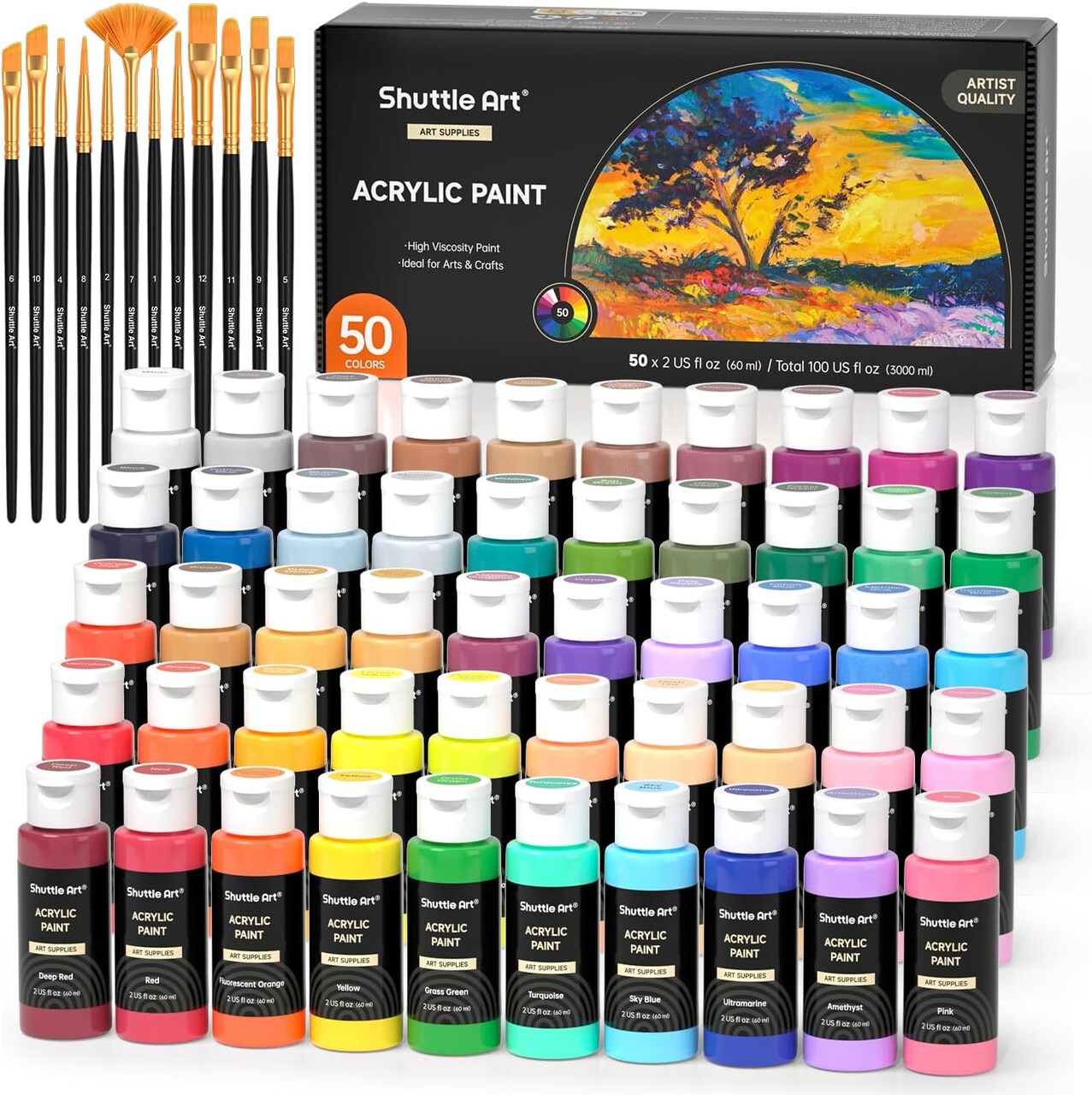 Acrylic Paint, 50 Colors Acrylic Paint Set, 2oz/60ml Bottles, Rich Pigments, Water Proof, Premium for Artists, Beginners and Kids on Canvas Rocks Wood Ceramic Fabric